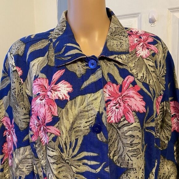 Chico's Linen Women Button Front Shirt Jacket Top Sz 3/XL Floral Blue Pocket - Picture 7 of 9